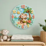 Tropical Beach Monkey Kids Room Wall Clock | Cute Ocean Animal Nursery Decor, Baby Boy Girl Playroom Birthday Gift (13.6 inch / 34.5 cm)
