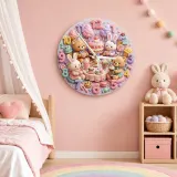 Pastel Teddy Bear & Bunny Sweet Treats Tea Party Kids Room Wall Clock | Kawaii Nursery Decor, Little Girls Room Gift (13.6 inch / 34.5 cm)