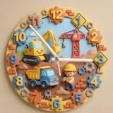 Construction Trucks Kids Room Wall Clock | Digger & Crane Nursery Decor, Little Builder Boy Birthday Gift Keepsake (13.6 inch / 34.5 cm)