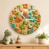 Reloj de pared infantil con dinosaurio tierno en la jungla | Decoración de guardería T-Rex prehistórico, idea de regalo de cumpleaños para niño (34.5 cm)