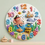 Pirate Octopus Ocean Kids Room Wall Clock | Under The Sea Nursery Decor, Marine Life Theme Baby Boy Birthday Gift (13.6 inch / 34.5 cm)