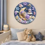 Sleeping Bear and Owl Kids Room Wall Clock | Pastel Starry Night Nursery Decor, Baby Shower Gift For Boys & Girls (13.6 inch / 34.5 cm)