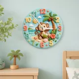 Tropical Beach Monkey Kids Room Wall Clock | Cute Ocean Animal Nursery Decor, Baby Boy Girl Playroom Birthday Gift (13.6 inch / 34.5 cm)