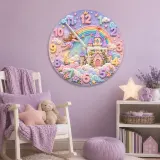 Magical Fairy Tale Castle Kids Room Wall Clock | Pastel Rainbow Nursery Decor, Little Girl Bedroom Birthday Keepsake (13.6 inch / 34.5 cm)