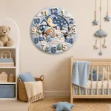 Sleepy Winter Bear & Bunny Kids Room Wall Clock | Blue Night Sky Nursery Decor, Sweet Baby Boy Shower Gift Keepsake (13.6 inch / 34.5 cm)