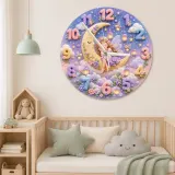 Sleeping Fairy Moon Kids Room Wall Clock | Magical Pastel Cloud Nursery Decor, Baby Girl Room Birthday Keepsake Gift (13.6 inch / 34.5 cm)