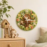 Happy Monkey Treehouse Kids Room Wall Clock | Safari Jungle Nursery Decor, Baby Boy Shower Gift & Wood Playroom Art (13.6 inch / 34.5 cm)