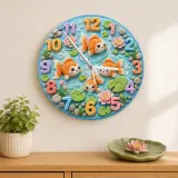 Whimsical Goldfish Pond Kids Room Wall Clock | Pastel Lotus Flower Nursery Home Decor, Sweet Newborn Baby Shower Gift (13.6 inch / 34.5 cm)