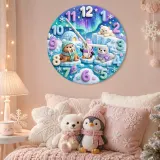 Cute Arctic Animals Kids Room Wall Clock | Northern Lights Nursery Decor, Polar Bear & Penguin Baby Shower Gift Idea (13.6 inch / 34.5 cm)