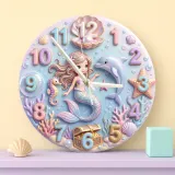 Pastel Mermaid And Dolphin Kids Room Wall Clock | Magical Ocean Nursery Decor Art, Little Girl Bedroom Birthday Gift (13.6 inch / 34.5 cm)