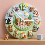 Woodland Animal Picnic Kids Room Wall Clock | Faux Felt Forest Nursery Decor, Baby Shower Gift For Baby Boys & Girls (13.6 inch / 34.5 cm)