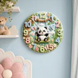 Whimsical Panda on Swing Kids Room Wall Clock | Cute Pastel Woodland Nursery Decor, Baby Shower Gift for Boys & Girls (13.6 inch / 34.5 cm)