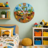 Construction Trucks Kids Room Wall Clock | Digger And Excavator Nursery Decor, Toddler Boy Playroom Birthday Present (13.6 inch / 34.5 cm)