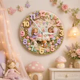 Fairy Tea Party Kids Room Wall Clock | Magical Woodland Nursery Decor, Whimsical Little Girl Bedroom Birthday Gift (13.6 inch / 34.5 cm)
