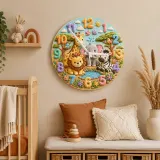 Safari Jungle Animals Kids Room Wall Clock | Cute Lion Elephant Nursery Decor, Unique Baby Shower Gifts for Newborns (13.6 inch / 34.5 cm)