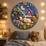 Sleeping Farm Animals Kids Room Wall Clock | Nighttime Nursery Decor, Sweet Dreams Baby Shower Gift For Boys Girls (13.6 inch / 34.5 cm)