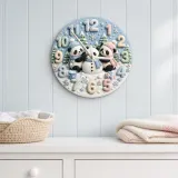 Winter Pandas Building Snowman Kids Room Wall Clock | Pastel Nursery Art, Unique Baby Shower Gift For Boys & Girls (13.6 inch / 34.5 cm)