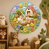 Cute Farm Chickens Kids Room Wall Clock | Baby Chick Nursery Decor, Playroom Wall Art, Sweet Birthday Gift Keepsake (13.6 inch / 34.5 cm)