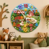 Farm Animals Kids Room Wall Clock | Bunny Farmer Nursery Decor, Baby Shower Birthday Gift Keepsake Toddler Room Art (13.6 inch / 34.5 cm)