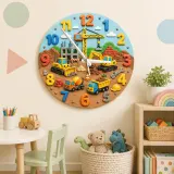Construction Vehicles Kids Room Wall Clock | Little Boys Bedroom Decor, Playroom Nursery Art & Baby Shower Gift Idea (13.6 inch / 34.5 cm)