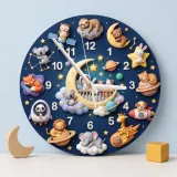 Space Animals & Planets Kids Room Wall Clock | Whimsical Night Sky Nursery Decor, Baby Shower And Birthday Present (13.6 inch / 34.5 cm)