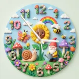 Whimsical Garden Gnome Kids Room Wall Clock | Snail And Sunflower Nursery Decor, Baby Girl Shower Keepsake Present (13.6 inch / 34.5 cm)