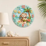 Tropical Beach Monkey Kids Room Wall Clock | Cute Ocean Animal Nursery Decor, Baby Boy Girl Playroom Birthday Gift (13.6 inch / 34.5 cm)