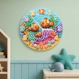 Clownfish Coral Reef Kids Room Wall Clock | Vibrant Underwater Ocean Nursery Decor, Baby Shower Gift For Boy Or Girl (13.6 inch / 34.5 cm)