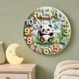 Whimsical Panda on Swing Kids Room Wall Clock | Cute Pastel Woodland Nursery Decor, Baby Shower Gift for Boys & Girls (13.6 inch / 34.5 cm)