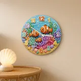 Clownfish Coral Reef Kids Room Wall Clock | Vibrant Underwater Ocean Nursery Decor, Baby Shower Gift For Boy Or Girl (13.6 inch / 34.5 cm)