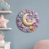 Pastel Sweet Dreams Bear Kids Room Wall Clock | Moon And Stars Whimsical Nursery Decor, Cute Baby Girl Shower Gift (13.6 inch / 34.5 cm)
