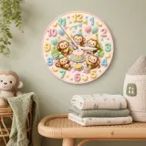 Pastel Monkey Birthday Kids Room Wall Clock | Cute Safari Animal Nursery Decor, Sweet Baby Shower Gift For Children (13.6 inch / 34.5 cm)