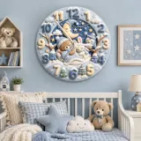 Sleepy Winter Bear & Bunny Kids Room Wall Clock | Blue Night Sky Nursery Decor, Sweet Baby Boy Shower Gift Keepsake (13.6 inch / 34.5 cm)