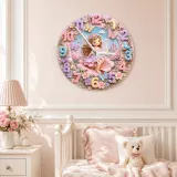 Magical Fairy Princess Kids Room Wall Clock | Enchanted Castle Floral Nursery Decor, Sweet Baby Girl Room Keepsake (13.6 inch / 34.5 cm)