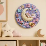 Pastel Sweet Dreams Bear Kids Room Wall Clock | Moon And Stars Whimsical Nursery Decor, Cute Baby Girl Shower Gift (13.6 inch / 34.5 cm)