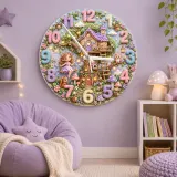 Enchanted Fairy Treehouse Kids Room Wall Clock | Magical Woodland Nursery Decor, Little Girl Birthday Keepsake Gift (13.6 inch / 34.5 cm)