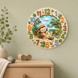 Safari Monkey Explorer Kids Room Wall Clock | Jungle Adventure Nursery Decor, Baby Shower Gift, Little Boy Keepsake (13.6 inch / 34.5 cm)