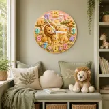 Pastel Safari Lion Family Kids Room Wall Clock | Cute Jungle Animal Nursery Decor, Perfect Baby Shower Gift Keepsake (13.6 inch / 34.5 cm)
