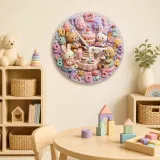 Pastel Teddy Bear & Bunny Sweet Treats Tea Party Kids Room Wall Clock | Kawaii Nursery Decor, Little Girls Room Gift (13.6 inch / 34.5 cm)