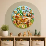 Woodland Waffle Picnic Kids Room Wall Clock | Forest Animal Nursery Decor, Baby Shower Birthday Gift (13.6 inch / 34.5 cm)