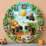Safari Animal Monster Truck Kids Room Wall Clock | Dinosaur Boy Nursery Decor, Fun Toddler Playroom Birthday Gift Idea (13.6 inch / 34.5 cm)