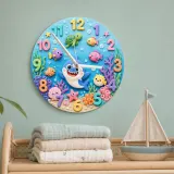 Ocean Shark Sea Creatures Kids Room Wall Clock | Underwater Nursery Decor, Baby Boy And Girl Birthday Gift Keepsake (13.6 inch / 34.5 cm)