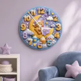 Sleeping Bear Moon Kids Room Wall Clock | Pastel Night Sky Nursery Decor, Sweet Baby Shower Gift (13.6 inch / 34.5 cm)