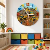 Construction Trucks Kids Room Wall Clock | Yellow Excavator Nursery Decor, Little Boy Bedroom Playroom Gift Keepsake (13.6 inch / 34.5 cm)