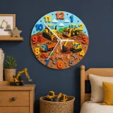 Construction Vehicles Kids Room Wall Clock | Playful Boys Bedroom Nursery Decor, Little Builder Birthday Gift Idea (13.6 inch / 34.5 cm)