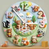 Woodland Animal Picnic Kids Room Wall Clock | Faux Felt Forest Nursery Decor, Baby Shower Gift For Baby Boys & Girls (13.6 inch / 34.5 cm)