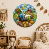 Blue Tractor Farm Kids Room Wall Clock | Barnyard Scarecrow Nursery Art Decor, Little Boy Birthday Baby Shower Gift (13.6 inch / 34.5 cm)