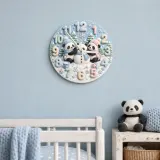 Winter Pandas Building Snowman Kids Room Wall Clock | Pastel Nursery Art, Unique Baby Shower Gift For Boys & Girls (13.6 inch / 34.5 cm)