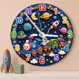 Galaxy Space Train Kids Room Wall Clock | Astronaut Nursery Decor, Little Boy Bedroom Baby Shower & Birthday Gift (13.6 inch / 34.5 cm)