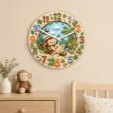 Safari Monkey Explorer Kids Room Wall Clock | Jungle Adventure Nursery Decor, Baby Shower Gift, Little Boy Keepsake (13.6 inch / 34.5 cm)